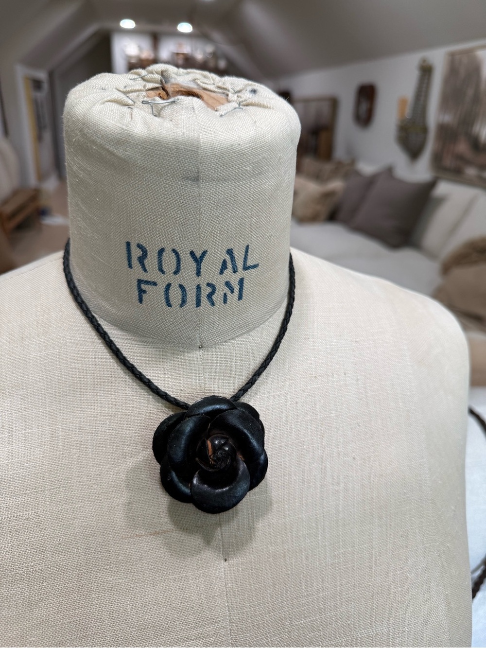 Vintage Black Floral Leather Pendant Braided Choker Necklace extender Unbranded